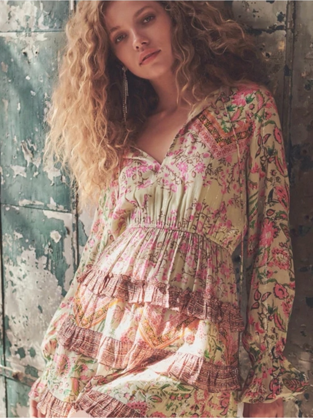 Hemant & Nandita Nora Metallic Sage Floral Mini Dress